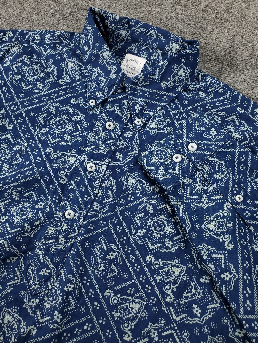 Brooks Brothers Popover Half Placket Shirt Large Regent Fit Bandana Print Navy